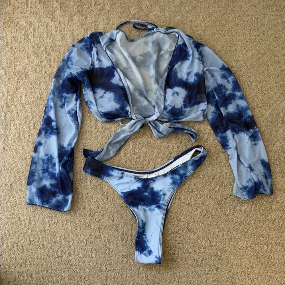 Blue Tie-Dye Bikini Set with Cover-Up